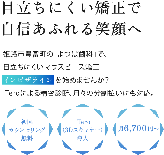 見えない矯正で自信あふれる笑顔へ 姫路市豊富町の「よつば歯科」で、目立たないマウピース矯正インビザライン を始めませんか？iTeroによる精密診断、月々の分割払いにも対応。初回カウンセリング無料 iTero（3Dスキャナー）導入 デンタルローン分割払い対月々約6,700円応